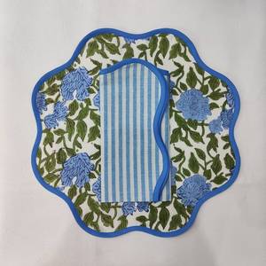 Round scalloped botanical Placemat Block Print fabric <b>table</b> mat easy care machine washable <b>rustic</b> kitchen decor <b>dining</b> mat <b>set</b> - Product Image 3