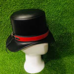 Premium Quality Custom Handmade Unisex Black & Red Faux Leather <b>Top</b> Hat, Steampunk Cosplay - Product Image 4