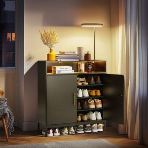 FCH 6-Layer Double Door Shoe Cabinet 80*38*90cm Black High Foot LED Lights Particle Board Elegant Shoe Rack - Product Image 5
