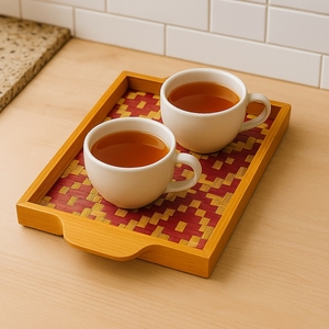 Rectangular Woven <b>Bamboo</b> Serving Tray With Integrated Wooden Handle Red And Natural Geometric Pattern - Product Image 4