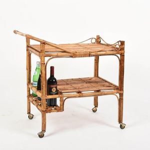 Elegant Multi Tier Rattan Serving Cart With Rolling Wheels And Spacious Storage For Beverage Presentation - Product Image 2
