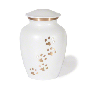 Pearly White Metal Pet Cremation <b>Urn</b> for Dog & <b>Cat</b> Ashes Handcrafted Memorial Keepsake with Polished Silver Paw Prints & Secure - Product Image 2
