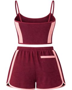 Wine Red Pink Women Camisole And Shorts <b>Set</b> Summer Two Piece Outfit Cotton Blend Crop Top Heart Print Drawstring Shorts Casual - Product Image 2