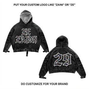Sudadera con Capucha de Felpa de Algodón Premium de 500 GSM, Negra Lavada, con Panel Utilitario y Logotipo Bordado en Chenille Personalizado - Product Image 1