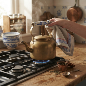 Bouilloire à thé vintage en laiton, artisanale, avec poignée en céramique bleue et blanche à motifs floraux, pour faire bouillir l'eau, rétro, pour hôtels et restaurants, fournitures de boissons - Product Image 3
