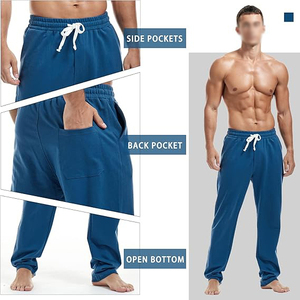 Pantalon de jogging décontracté en coton bleu pour homme, taille élastique avec cordon de serrage, poches latérales, tricoté mi-lourd, idéal pour l'automne - Product Image 2