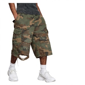 Shorts Bermuda Cargo Homme en Toile 100% Coton Camouflage Délavé Déchiré Taille Mi-Haute Braguette Zippée Coupe Ample Style Streetwear - Product Image 1
