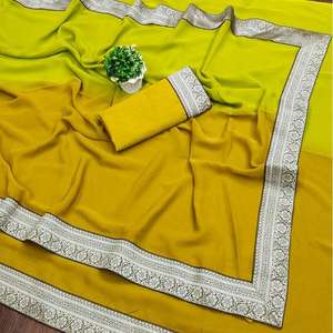 ATTRACTIVE GEORGETTE ARGENT JACQUARD DENTELLE BORDURE TRAVAIL SAREE AVEC BLOUSE INCOSÉE PERROQUET VERT - Product Image 1