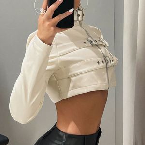 New <b>Women</b> Solid Super Crop Genuine Leather Jacket Breathable Windproof Zipper Long Sleeves Front Buckles for Winter High Street - Product Image 3