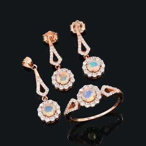 Ensemble de bijoux fins pour femme en argent sterling 925, comprenant une bague pendentif de mariage et des boucles d'oreilles, serti de griffes, avec pierre précieuse opale ronde - Product Image 1