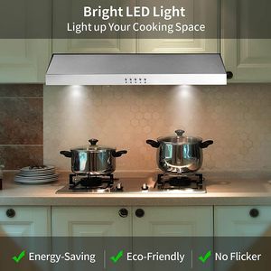 Cappa da cucina sottopensile da 30 pollici con ventola a 3 velocità da 600 CFM e luci LED, argento/nero - Product Image 6