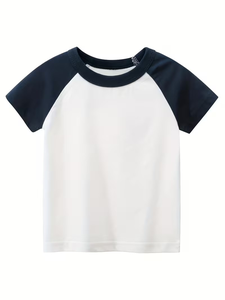 Boys Short Sleeve Raglan T-Shirt Solid Color O-Neck Casual Jersey Fabric White With Navy Yellow Gray Blue Sleeves - Product Image 6