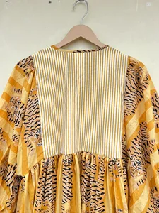 Bohemian Yellow Tiger Print Cotton Midi <b>Dress</b> Vintage Puff Sleeve <b>Loose</b> Fit Tie Neck Summer <b>Dress</b> For Women - Product Image 4