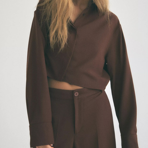 Women's 2 Piece Brown Shorts Set With Turn-<b>Down</b> Collar Blazer Top And Mid-Calf <b>Pants</b> Regular Fit Solid Color All Seasons Wear - Product Image 6