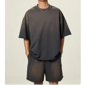 2026 Custom made logo Blank Plain Curling Oversized Acid Wash Streetwear T-Shirts and Shorts <b>Set</b> Made - Product Image 1