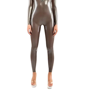 Women's Metallic Gray PU Coated <b>Long</b> <b>Sleeve</b> <b>Jumpsuit</b> High Waist Full Length Bodycon Clubwear With Front Zipper - Product Image 2