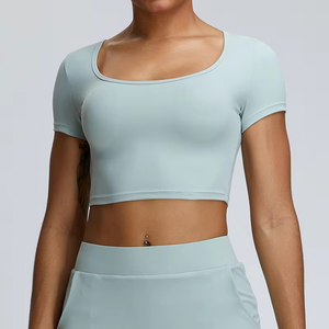 T-shirt court ajusté à manches courtes pour femme, imprimé à carreaux, avec patchs, respirant et écologique, idéal pour l'été - Product Image 3