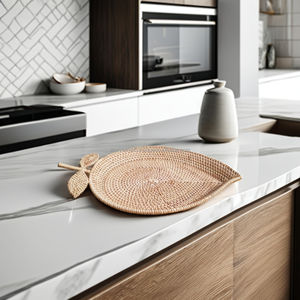 Plateau alimentaire en rotin feuille avec logo personnalisé de haute qualité avec manche en bois Table de service en gros du Vietnam - Product Image 3