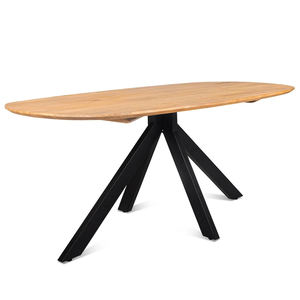 Mesa de Comedor Industrial de Estilo Danés, Forma Ovalada, Madera de Mango Sólida con Acabado Natural, Base de Metal Negro Mate, Estilo Rústico Europeo - Product Image 1