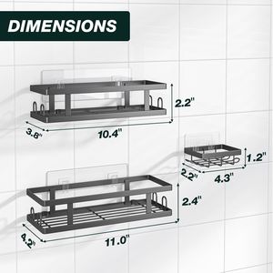 Étagères de salle de bain noires antirouille adhésives en 3 parties avec 12 crochets, porte-savon, organisateur de rangement, pas de perçage requis - Product Image 2