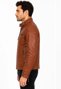 Men's Brown Sheep <b>Leather</b> Canvas Waterproof Moto <b>Jacket</b> Slim Fit Zipper Closure Mandarin Collar Regular Sleeve <b>Winter</b> Style 100% - Product Image 4