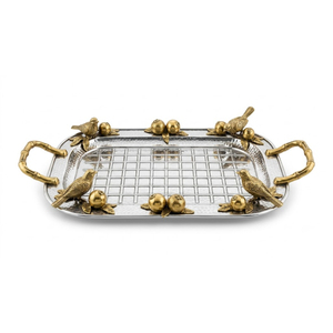 Bandeja de aluminio martillado con asas de pájaro doradas, plato decorativo de metal y bandeja de servicio plateada artesanal para regalos de boda - Product Image 1