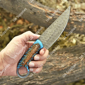 Couteau à lame fixe en acier Damas fait main, pointe tombante, pour camping, chasse, pêche, dépecage, manche en résine de pin, OEM, faibles MOQ - Product Image 3