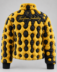 Veste matelassée en fausse fourrure Thorfinn Industry pour homme, motif à pois noir et jaune, logo brodé, manteau streetwear d'hiver, prix avantageux - Product Image 3