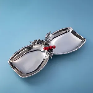Vintage Metal <b>Decorative</b> <b>Plate</b> with Holly Design and Red Berries Irregular Shape Handmade Party Serving Dish - Product Image 3