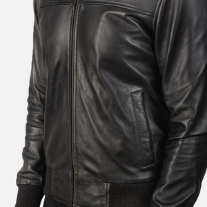 Veste moto en cuir véritable noir pour homme, col rabattu, fermeture éclair, coupe ajustée, longueur normale, style automne - Product Image 6