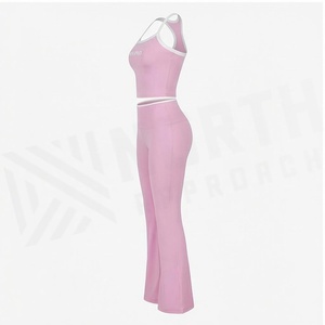 North Approach 2 Piece Yoga Set Pink Racerback Crop Top High Waist Full Length <b>Flared</b> <b>Leggings</b> Breathable Sportswear - Product Image 3