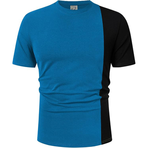 T <b>Shirt</b> Bright Blue Black Vertical Half Split Colorblock Short Sleeve Casual Crew Neck Top - Product Image 4