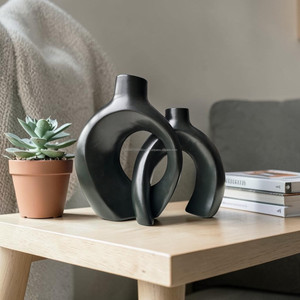 AG Elements Office Desk Black Ceramic <b>Vase</b> <b>Set</b> Glossy Glazed Scandinavian Minimalist Modern Abstract Decorative <b>Vase</b> Table - Product Image 1