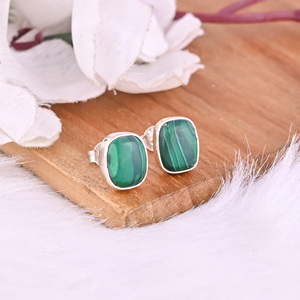 Natural Malachite <b>Stud</b> 925 Sterling <b>Silver</b> <b>Earrings</b> 2.5 gram 10x8 mm Rectangle <b>Silver</b> Plated <b>Earring</b> <b>for</b> <b>Women</b> | 1 Pair - Product Image 2