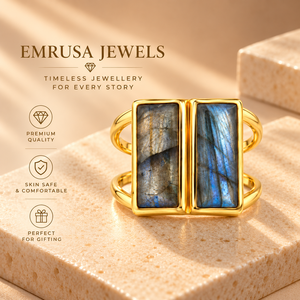 Gold Color <b>Brass</b> Double Stone <b>Ring</b> for Women Rectangular Gemstone Minimalist Party Jewelry with Prong Setting Blue Kynite - Product Image 6