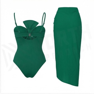 Emerald Green 2 Piece Tankini Set With Ruched Halter Bodysuit And Wrap Skirt For Women - Product Image 2