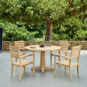 Round Teak Garden <b>Dining</b> Set Outdoor Wooden Table with 4 <b>Chairs</b> <b>Rustic</b> Style Durable Furniture for Patio Use - Product Image 1