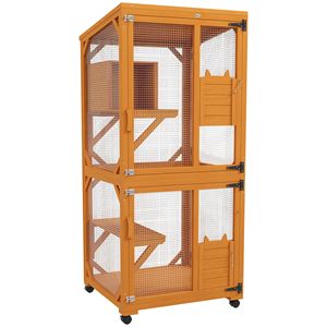 Casetta Classica per Gatti in Legno Arancione, Villa Rettangolare con Ruote per Facile Spostamento, per 1-3 Gatti, in Materiale di Abete, per Interni, per Piccoli Animali - Product Image 1