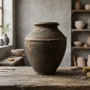 Vase en terre cuite vintage, pot en argile ancien fabriqué à la main, poterie rustique en terre cuite brûlée, poterie décorative - Product Image 3