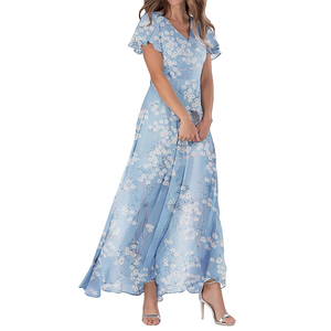 Robe longue trapèze 7112 pour femme, bleu clair, imprimé floral, taille froncée, pour invitée de mariage estival, 100 % polyester, vente en gros - Product Image 3