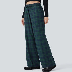 Pantalon décontracté à taille haute, coupe ample, à carreaux, en tissu Oxford, avec cordon de serrage, polyvalent, long, pour l'été - Product Image 5