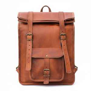 Genuine Leather Roll Top <b>Backpack</b> Mens Travel Rucksack Cowhide Laptop Bag with Padded Shoulder Straps LTBP-0082 - Product Image 1