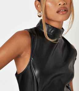 Vestido de fiesta sexy de cuero sintético PU negro sin mangas con cuello alto y cremallera oculta en la espalda para mujer, venta al por mayor - Product Image 4