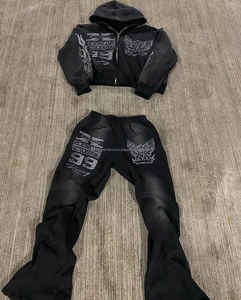 Conjunto de chándal multicolor vintage, Sudadera con capucha y pantalones de chándal acampanados de pierna recta, chándal con estampado personalizado para hombre - Product Image 1