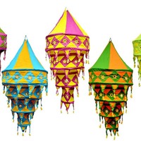 Lustre de luxe pour décoration de plafond, lanterne en tissu de coton pliable de style indien, de forme ronde conique, aux couleurs rouge et jaune