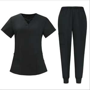 Conjunto de Uniforme Médico para Mujer, Calidad Premium 2026, Transpirable, Negro, Manga Corta, Cuello en V, con Bolsillos, Pantalones con Cintura Elástica - Product Image 1