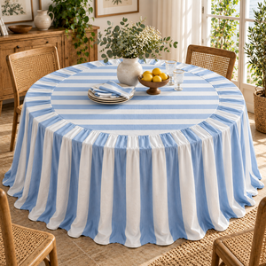 Nappe de table vintage de luxe faite à la main, imprimée, rayée rose et beige, à volants, style bohème, en pur lin, écologique, pour mariage et maison - Product Image 2