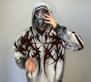 Vente en gros de sweats à capuche pour hommes de haute qualité, style Y2K, entièrement zippés, avec impression graphique de crâne rouge airbrush, coupe oversize, en coton lourd mélangé. - Product Image 3