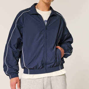 Men's <b>Navy</b> Blue Breathable Zip-Up Racer Jacket Sporty Track <b>Top</b> Stand Collar Regular Fit Polyester Windbreaker Spring Wear - Product Image 2