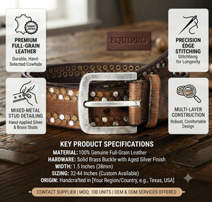 Cinturón de Cuero Marrón Equipro con Tachuelas Plateadas, Hebilla Rectangular, Diseño a Rayas, Ligero, Ecológico, Estilo Casual - Product Image 4
